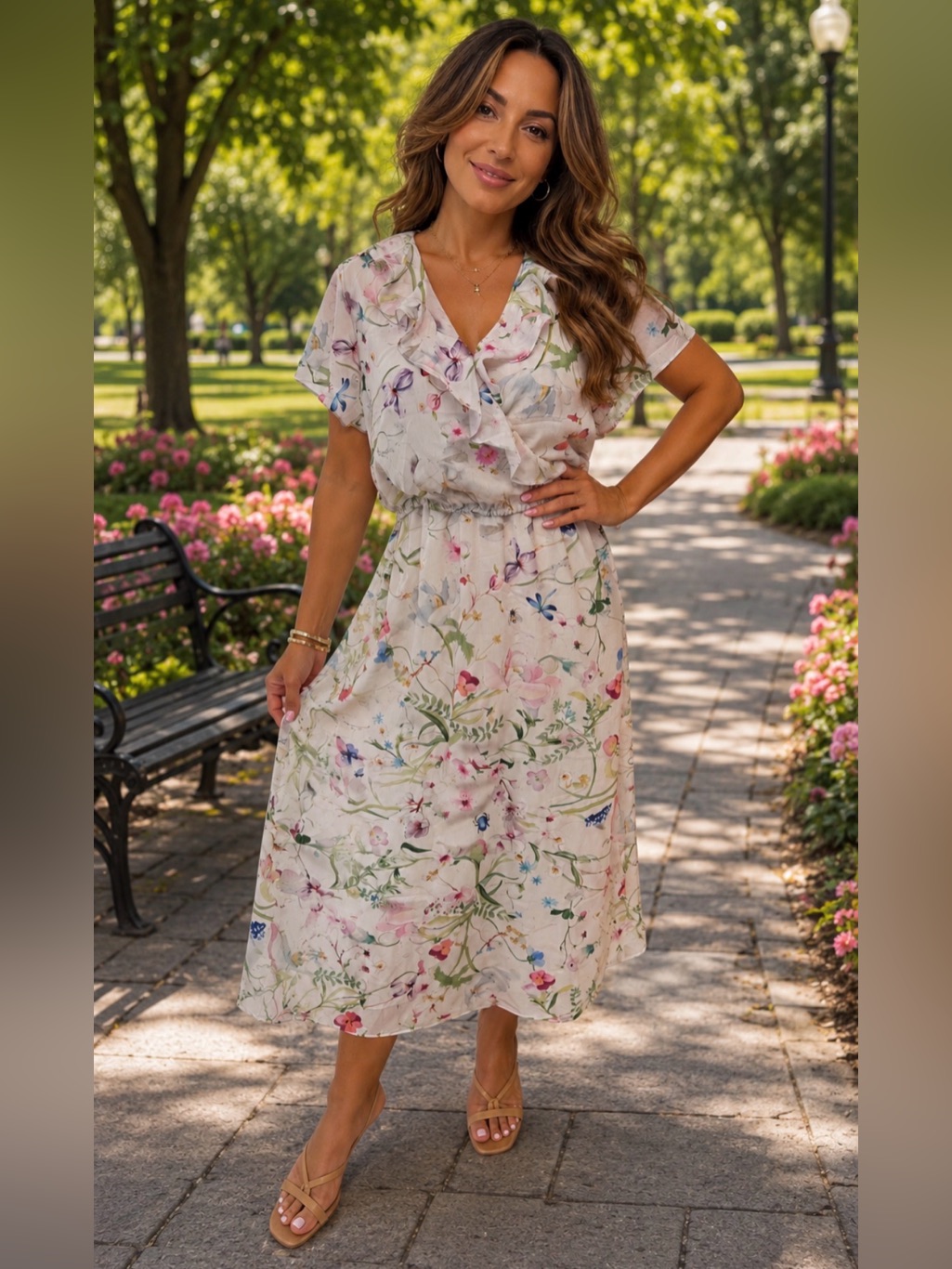 Nwt Mama Nursing H&M Floral Ruffle V-Neck Midi Dress In Ivory With Pastel Print